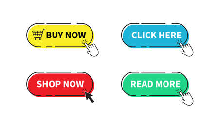 Buy now button. Shop now, Click here, Read more buttons. Vector illustration. on white backgroundのイラスト素材
