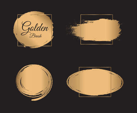 Gold paint brush strokes isolated on black background. Golden frame. Vector illustrationのイラスト素材