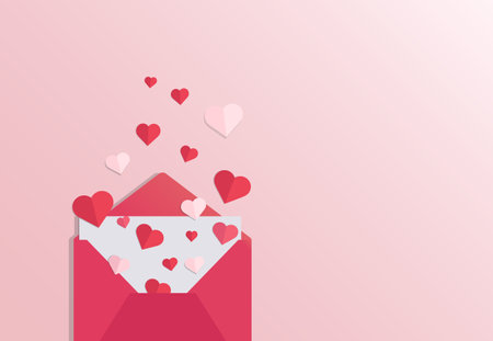 Open red envelope with paper hearts. Copy space for text. Valentine's day concept. Vector illustrationのイラスト素材