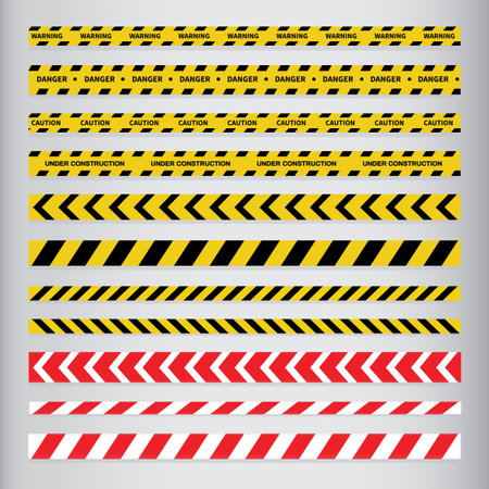 Caution and Warning tape. Black and yellow line striped. Vector illustrationのイラスト素材