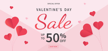 Valentine's day sale banner template. Valentine's Day with red paper hearts. Design for postcards, flyers, advertising. Vector illustration.のイラスト素材