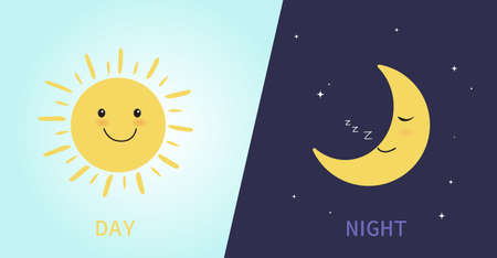 Day and night. Cute sun smiling cartoon character. Moon sleeping. Vector illustrationのイラスト素材