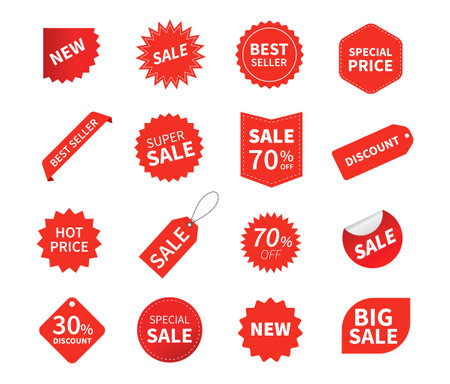 Set of sale tags. Ribbon sale banners. Red ribbon price and discount labels. Red starburst stickers. Vector illustrationのイラスト素材