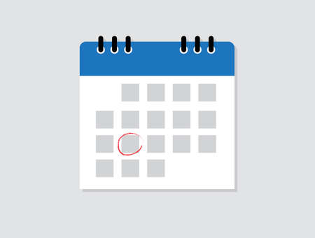 Calendar icon. Mark the date. Schedule icon isolated on blue background. Flat design. Vector illustration.のイラスト素材