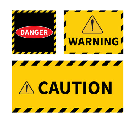 Warning sign on white background. Caution sign. Black and yellow line striped. Vector illustrationのイラスト素材