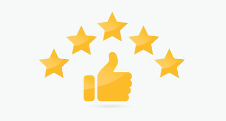 Five stars rating review icon. Feedback, Best seller, Quality icon Thumb up and like icon. Vector illustrationのイラスト素材