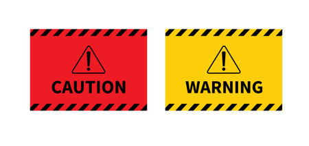 Warning sign on white background. Black and yellow line striped. Vector illustrationのイラスト素材