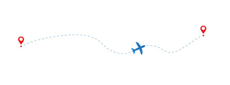 Airplane flight route. Flight tourism route path. Starting pin to destination point. Vector illustrationのイラスト素材