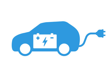 Electric car with plug. Battery Charging icon. Vector illustration.のイラスト素材