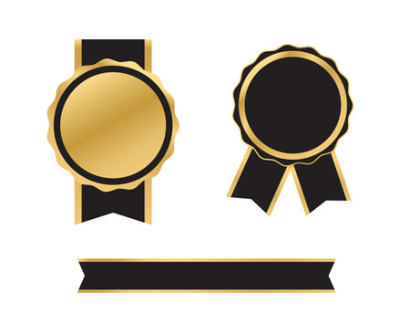 Blank gold medal token and ribbon banner. Premium quality badge. Rosette icon. Quality certificate icon.Vector illustrationのイラスト素材
