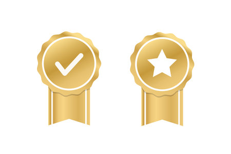 Quality certified badge. Golden seal with ribbon. Checkmark icon. Awards and premium quality. Vector illustrationのイラスト素材