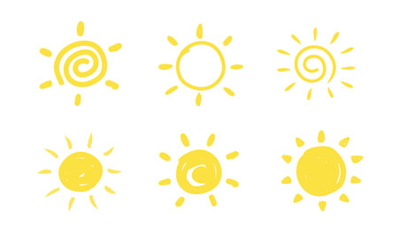 Hand drawn Sun. Set of Sun icon. Doodle children drawing. Solar icon. weather sign. Vector illustrationのイラスト素材