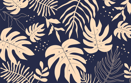 Tropical leaves background. Hand drawn leaves natural. Exotic plants seamless pattern.のイラスト素材