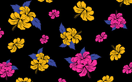 Hawaiian Seamless Pattern. Hibiscus flowers and leaves Pattern. Hawaiian Aloha Shirt. Design for fabric, textileのイラスト素材