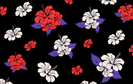 Hibiscus flowers and Leaves Pattern. Hawaiian Seamless Pattern. Hawaiian Aloha Shirt. fabric, textileのイラスト素材