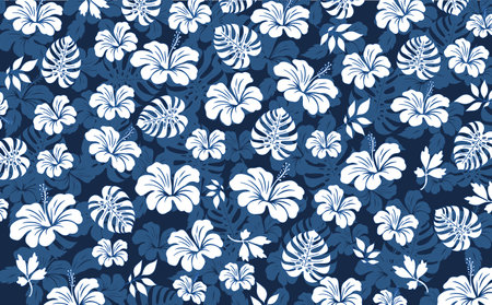 Hibiscus flowers and Leaves Pattern. Hawaiian Seamless Pattern. Hawaiian Aloha Shirt. fabric, textileのイラスト素材