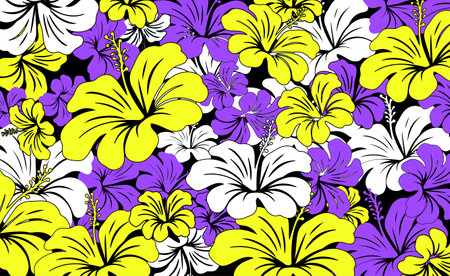 Hibiscus flowers Pattern. Hawaiian Seamless Pattern. Tropical flowers and Leaves. Aloha Shirt, fabric, textileのイラスト素材