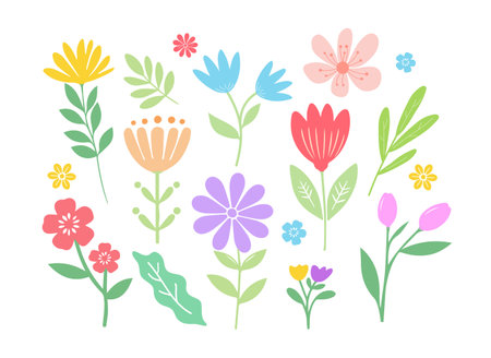 Hand drawn flower. Cute spring flowers and leaves. floral and botanical element. Leaf branch.のイラスト素材