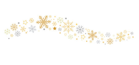 Gold snowflakes falling. Glittering glowing snowflakes. Snowflakes decorative elements for Christmas.のイラスト素材