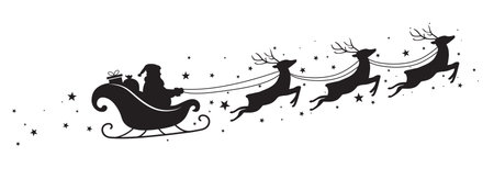Santa Claus ride sleigh with flying reindeer. Snowflake and star decorative element.のイラスト素材