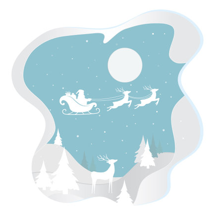 Paper cut Santa Claus ride sleigh with flying reindeer in sky above the fir trees. Snowflake fallingのイラスト素材
