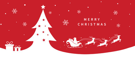 Santa Claus ride sleigh with flying reindeer. Christmas tree, Snowflake and starのイラスト素材