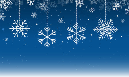 Christmas card with hanging snowflakes. Christmas decoration and new year background.のイラスト素材