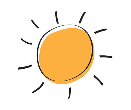 Hand drawn Sun icon. Doodle children drawing. Solar icon. weather sign.のイラスト素材