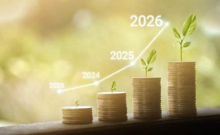 Growing growth year 2023 to 2026. Business graph with arrow up. Growing money coins stack