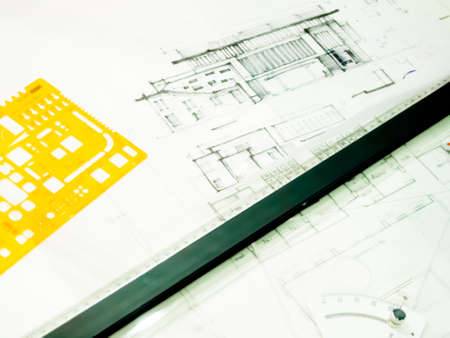 Close Up Of Drawing Diagram On Blueprintsの写真素材