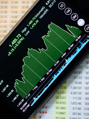 view of stock market application on touchscreen smartphone