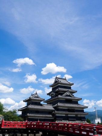 Matsumoto castle against blue sky in Nagono city, Japanのeditorial素材