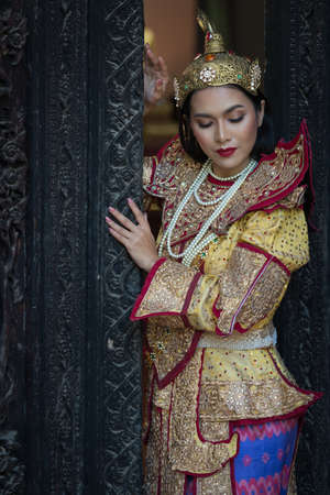 Beautiful asian portrait women in myanmar traditional costumes