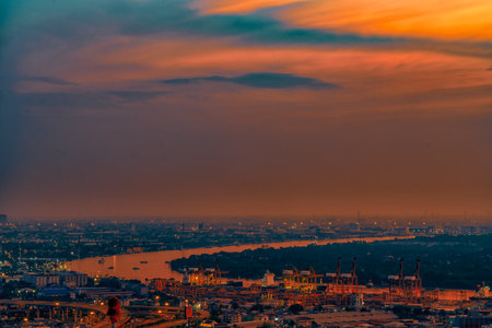 City landscape with skyscrapers in evening background