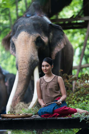 Portrait of Thai Woman In Traditional Costume with elephantの写真素材