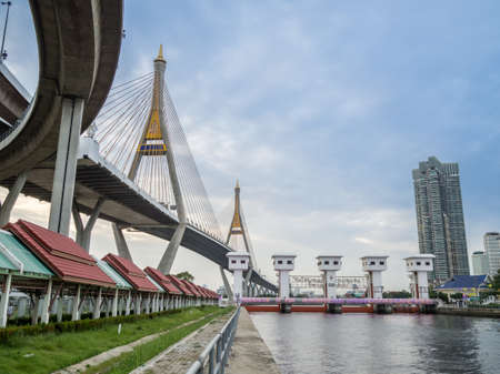 Blue sky and cloudy Bhumibol Bridge floodgate (Bangkok,Thailand)の写真素材