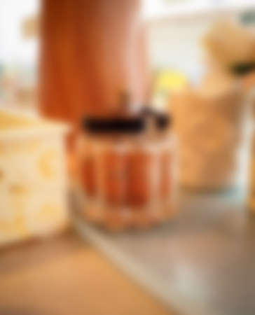 blur background chili bottle on the tableの写真素材