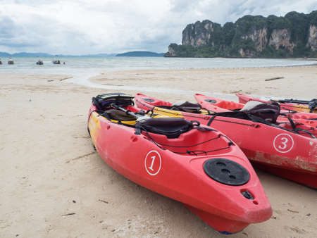 Canoe on beach at Railay beach Krabi, Thailandの写真素材
