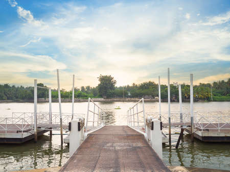 port at river with twilight cloudscapeの写真素材