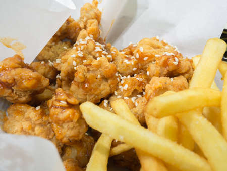 chicken fried and French friesの写真素材