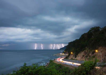 Noen-nangphaya view point, Landmark at Chanthaburi, Thailand: lightning thunderbolt in sea at...