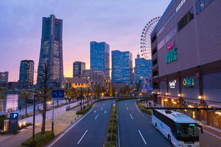 YOKOHAMA, JAPAN - April 10, 2017 : Cityscape of Yokohama, Minato mirai 21 colorful lighting from building in twilightのeditorial素材