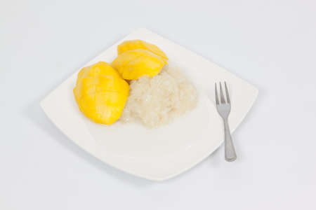 Thai dessert mango sweet sticky rice on top with coconut milkの写真素材