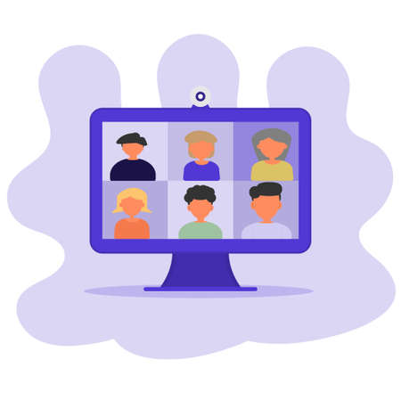 Vector online call meeting work form home.Conference video call teamwork on computer.のイラスト素材