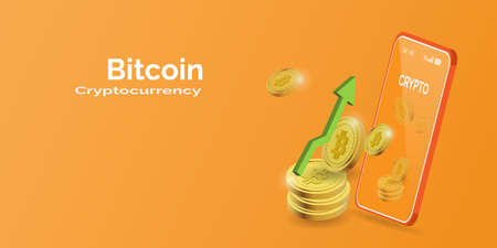 Bitcoin cryto 3d on mobile.Vector crypto currency on orange blackground.Money digital finance and wallet crypto exchange of world.のイラスト素材
