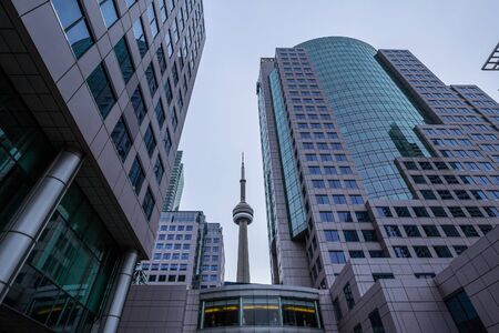 TORONTO, CANADA - JANUARY 31, 2016: Canadian National Tower (CN Tower) Surrounded by more modern buildings in downtown Toronto, Ontarioのeditorial素材