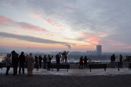 BELGRADE, SERBIA - JANUARY 1, 2015: people taking pictures of New Belgrade (Novi Beograd) from Kalemegdan fortressのeditorial素材
