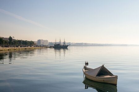 Boats and ships on the Aegean sea in Greece is Thessaloniki seafrontの写真素材