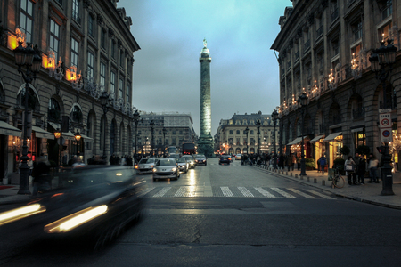 PARIS, FRANCE - DECEMBER 31, 2007: Vendome Square (Place Vendome) at dusk, the Napoleon culumn can be seen in the background. This square is one of the Highest symbols of luxury in Paris.のeditorial素材