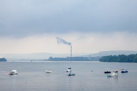 Belgrade, the capital city of Serbia and Danube river, seen from Zemun district During a blurry rainly cloudy day of springの写真素材
